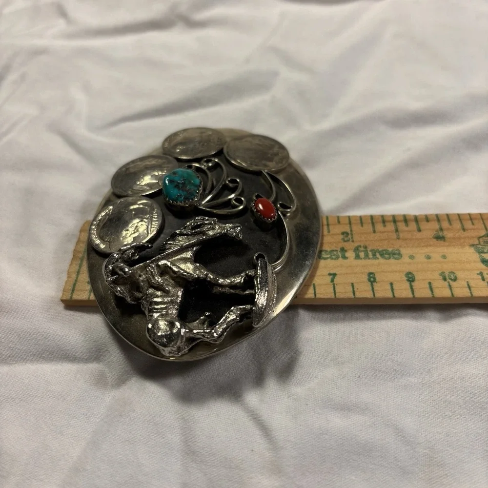 Vintage Belt Buckle With Horse & Rider,Turquoise & Red Coral Silver Tone Buckles